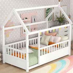 Gzz000058tk-1 Bellemave Kids Montessori Bed Twin Size Floor With High Fence House Beds For
