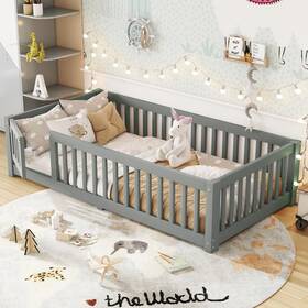 Th-00094-t-gv Bellemave Twin Size Floor Bed With Door And Fence For Kids Montessori