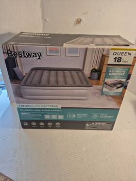 Bestway 301463721259 New In Box Gray Tritech Air Mattress Queen 18 Inch And Built-in Ac Pump