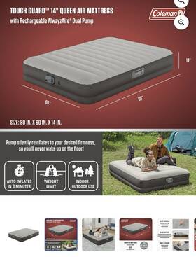 2000037731 Coleman Tough Guard Queen Air Mattress 14 Inch Rechargeable Dual Pump Gray