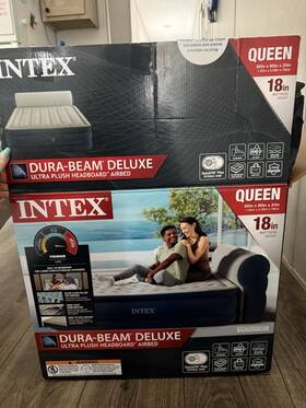 64151ss Intex Queen Air Mattress 18 Inch Deluxe Blow Up Built-in Pump Grey With Headrest