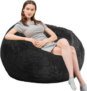 Hmdd-01blkl-3 Kisoy Bean Bag Chairs With Faux Rabbit Fur Cover 4 Ft Giant Memory Foot Black