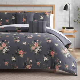 Lbz027615 Lucky Brand Cali Bouquet Floral Dark Grey Comforter Set With Pillows- King Si