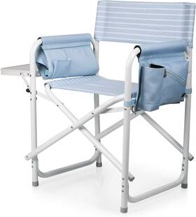 810-17-135-000-0 Picnic Time Outdoor Directors Chair With Side Mod Denim Stripe Pattern White Accents