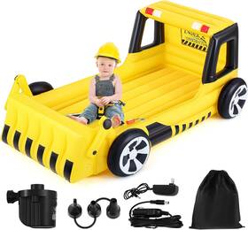 Relaxgiant 711181418699 Yellow Excavator Toddler Travel Bed With Safety Bumper And Air Mat