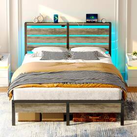 Hq-chj026-01 Rolanstar Bed Frame Full Size With Usb Charging Station Led W