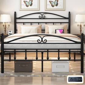 Yjs-004f-bk Samurbex Full Size Bed Frame With Charging Station Black Metal Platform