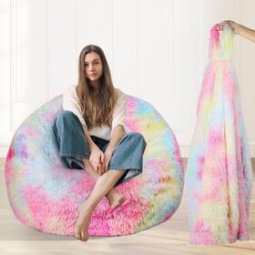 Dou-3 Traveva Fluffy Faux Fur Bean Bag Chair Cover For Living Room No Filler Rainbow