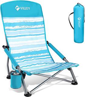 Villey 820909686583 Low Beach Chair High Back Folding For Adults Blue Stripes