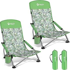 Vy133043 Villey Low Beach Chairs For Adults 2 Pack High Back Green Tropical Leaves