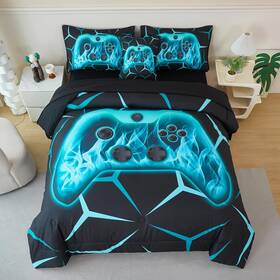 Zsa020 Zsyayaha 6 Pcs Gaming Bedding Set For Boys Full Size Black And Aqua Gamer Console Acti