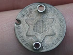 1852 Three Cent Silver Trime- 3CS, Vg/fine Details, Holed Times. Fixed Price $16.26.