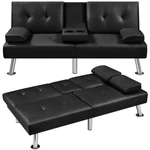 Faux Leather Sofa Bed Convertible Futon With 2 Throw Pillows Cup Holders. Fixed Price $189.00.