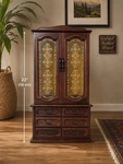 Vintage Dark Wood Jewelry Armoire With Gold-patterned Glass Doors 22 Inches Tall. Fixed Price $125.00.