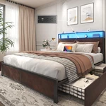 Stylish Queen Bed Frame With Storage Headboard, Drawers & Led Charging Station. Fixed Price $366.99.