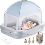 Inflatable Toddler Travel Bed With Tent, Cordless Rechargeable Electric Pump, Po. Fixed Price $116.99.