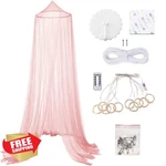 Eimilaly Mosquito Net Bed Canopy, Pink With Warm White Fairy Lights. Fixed Price $35.99.