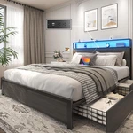Rustic Grey Queen Bed Frame With Storage Headboard & Charging Station. Fixed Price $333.99.