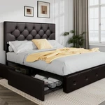 Queen Size Platform Bed Frame 4 Storage Drawers Diamond Stitched Allewie Button. Fixed Price $369.99.