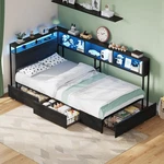 Corner Twin Bed Frame With 3 Storage Drawers, Led & Charging. Fixed Price $199.99.