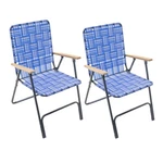 Camp & 2-PACK Steel Folding Outdoor Patio Chairs, Blue Woven Fabric, Armrests. Fixed Price $92.00.