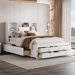 Queen Size Platform Bed With Storage Headboard And 8 Drawers, White / Gray. Fixed Price $859.99.