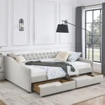 Queen Size Tufted Sofa Daybed W/ Drawers, Beige Upholstered Trundle. Fixed Price $385.49.